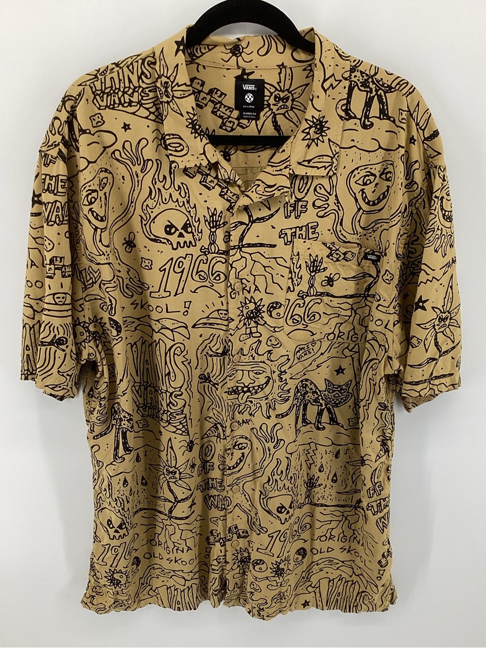 Vans Tan Short-Sleeve Button-Down with Black Doodle Print Elden Classic